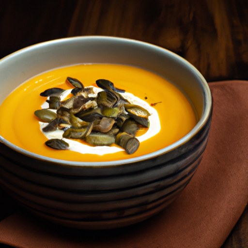 A creamy butternut squash soup garnished with toasted pumpkin seeds.