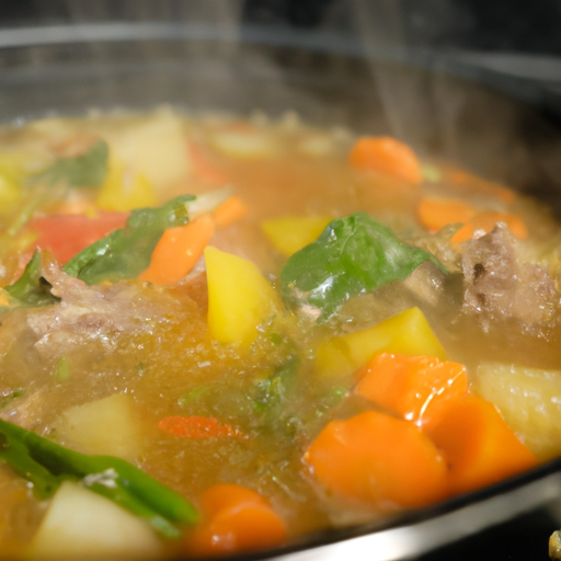 A steaming bowl of slow cooker soup with colorful vegetables and tender meat.