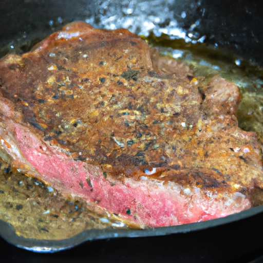 A well-seasoned cast iron skillet with a delicious steak sizzling on it.
