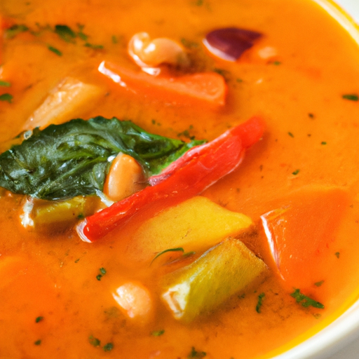 A bowl of hearty vegetable soup filled with colorful vegetables and herbs.