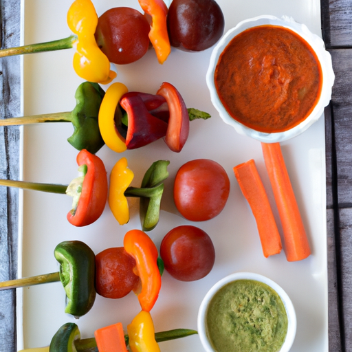 Colorful vegetable skewers with a variety of dips