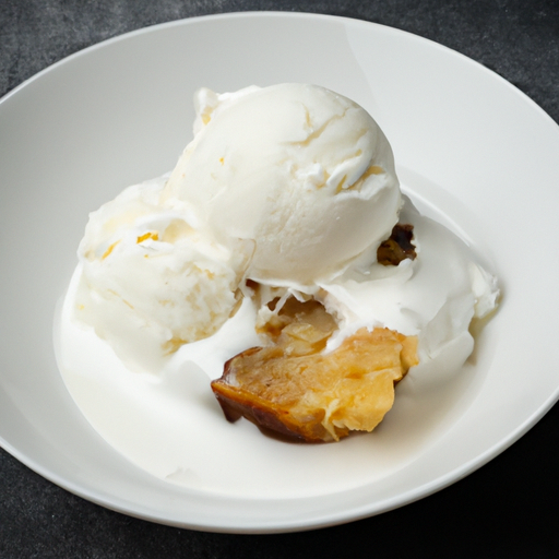 A decadent slow cooker dessert topped with a scoop of vanilla ice cream.
